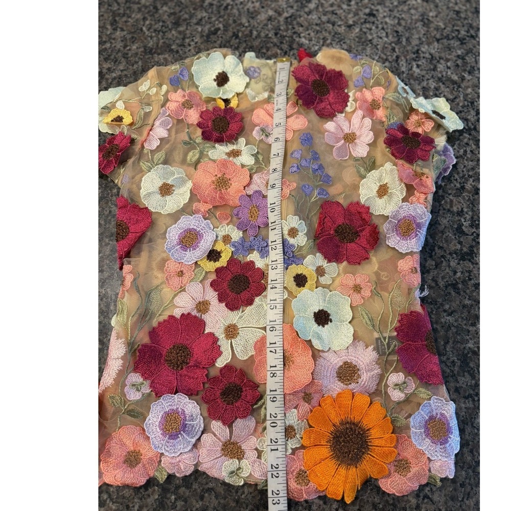 Anewsta Floral Embroidered Mesh Top Sheer 3D Flower Applique Blouse Tan Small - Picture 5 of 6